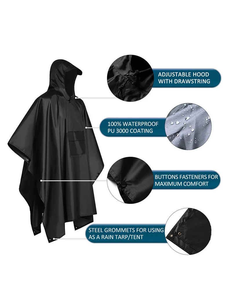 Camping Rain Poncho - 2026 สำหรับการตั้งแคมป์และเดินป่า เสื้อกันฝนแบบมีฮู้ด 3-in-1 กันน้ำ พร้อมแขนเสื้อ
